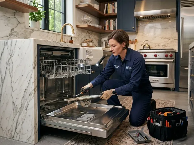 Appliance Repair Hero technician servicing a built-in dishwasher in a Azusa, CA kitchen