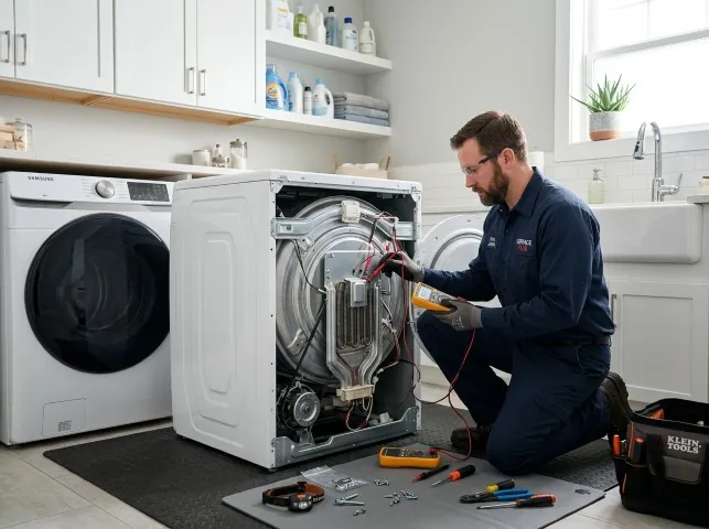 Appliance Repair Hero technician checking a dryer heating element with the rear panel off in Azusa, CA