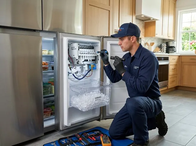 Appliance Repair Hero technician repairing a refrigerator ice maker in Azusa, CA
