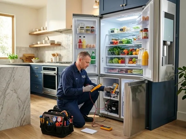 Appliance Repair Hero refrigerator technician testing a fridge on a Azusa, CA service call